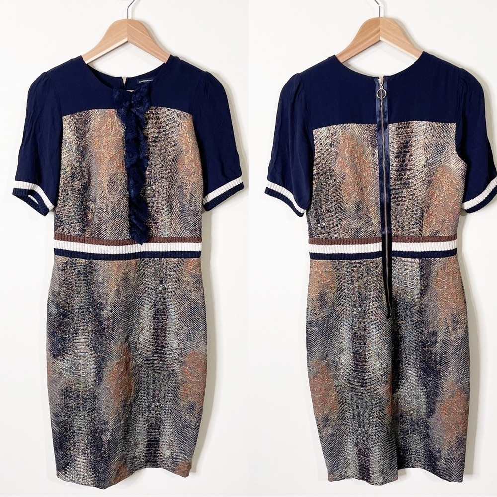 Summum Navy Snake Print Lace Ruffle Sheath Dress Size 34 EU or 2 US